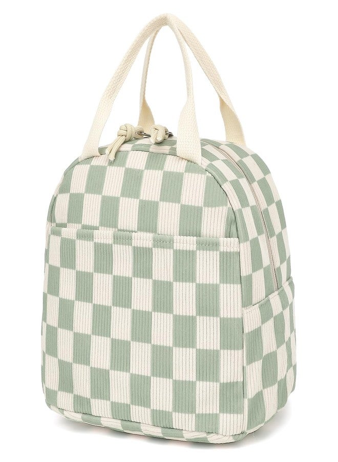 Dezcrab Corduroy Lunch Box for Women Girls, Cooler Lunch Bags Reusable Insulated Lunchbox for Picnic School Work Travel (Checkered Green) - Image 1